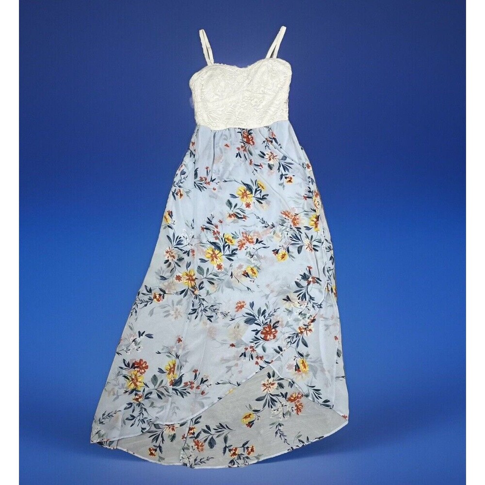 As U Wish Dress Sleeveless Faux Wrap Hi Lo Sundress Crochet Blue Small Romantic